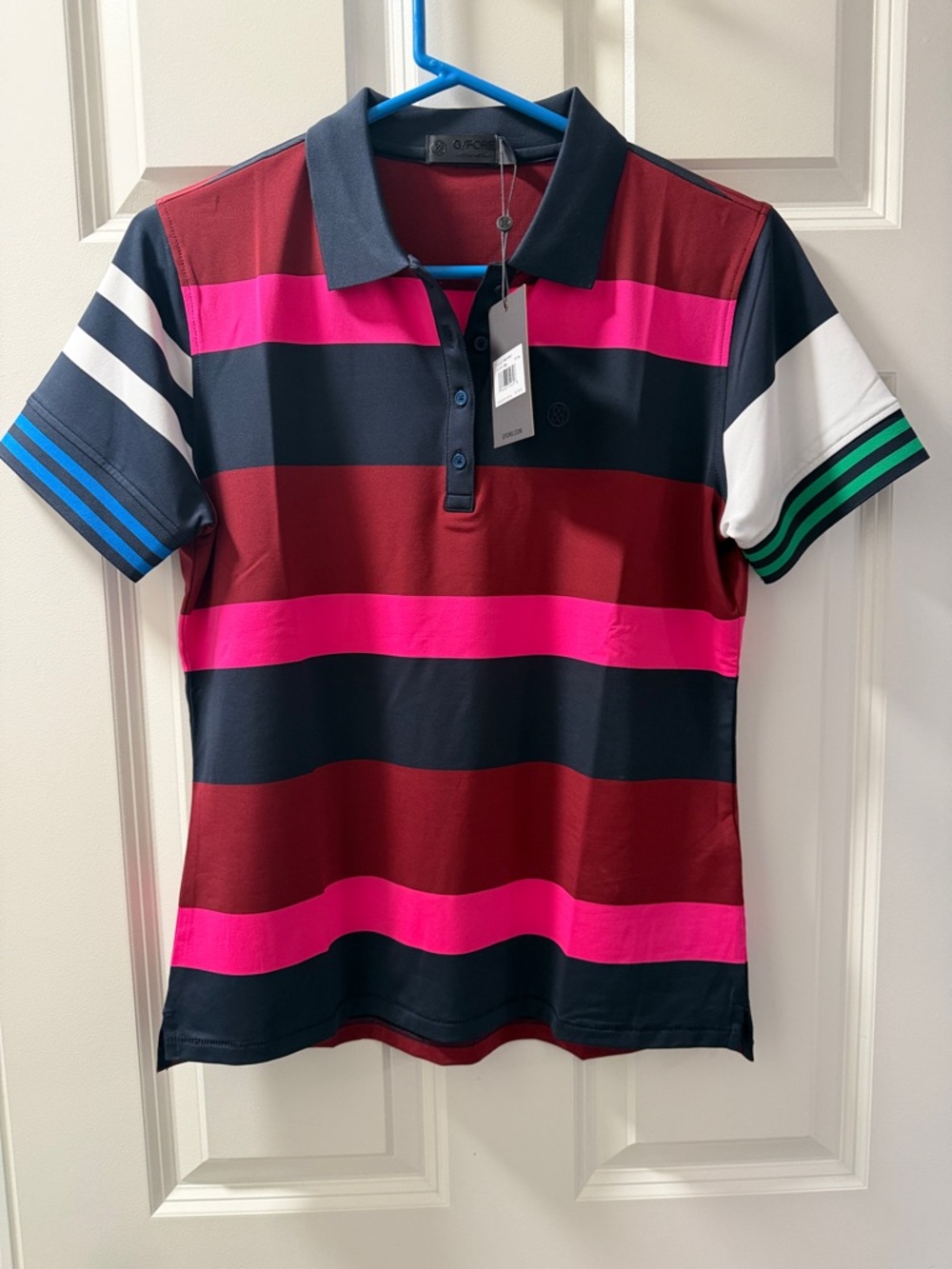 G/FORE Navy, Pink & Burgundy Striped Polo